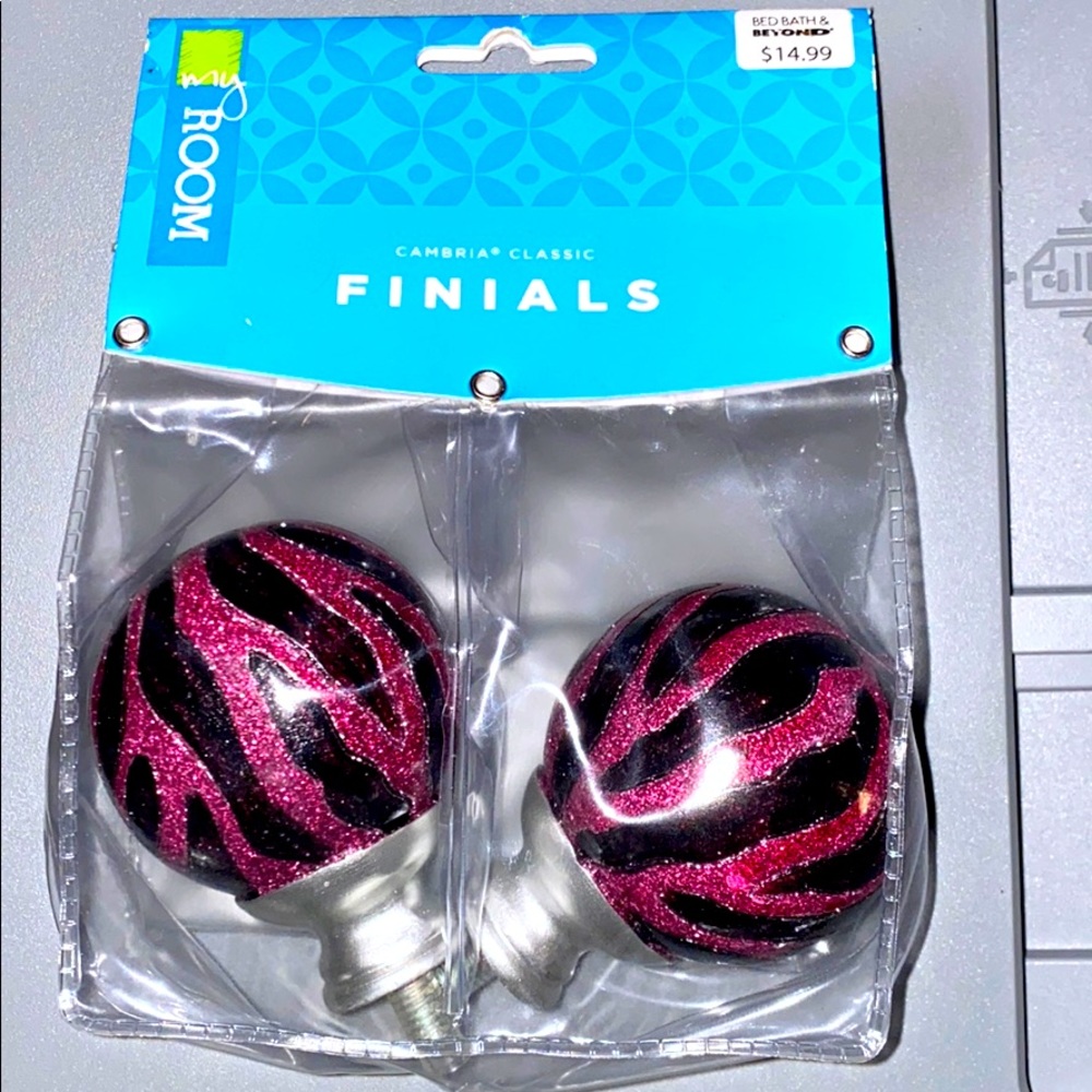 NEW in package pink & black zebra print finials!